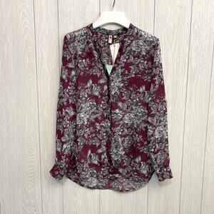 Kut From The Kloth Wine Floral Long Sleeve Sheer Top Small NWT